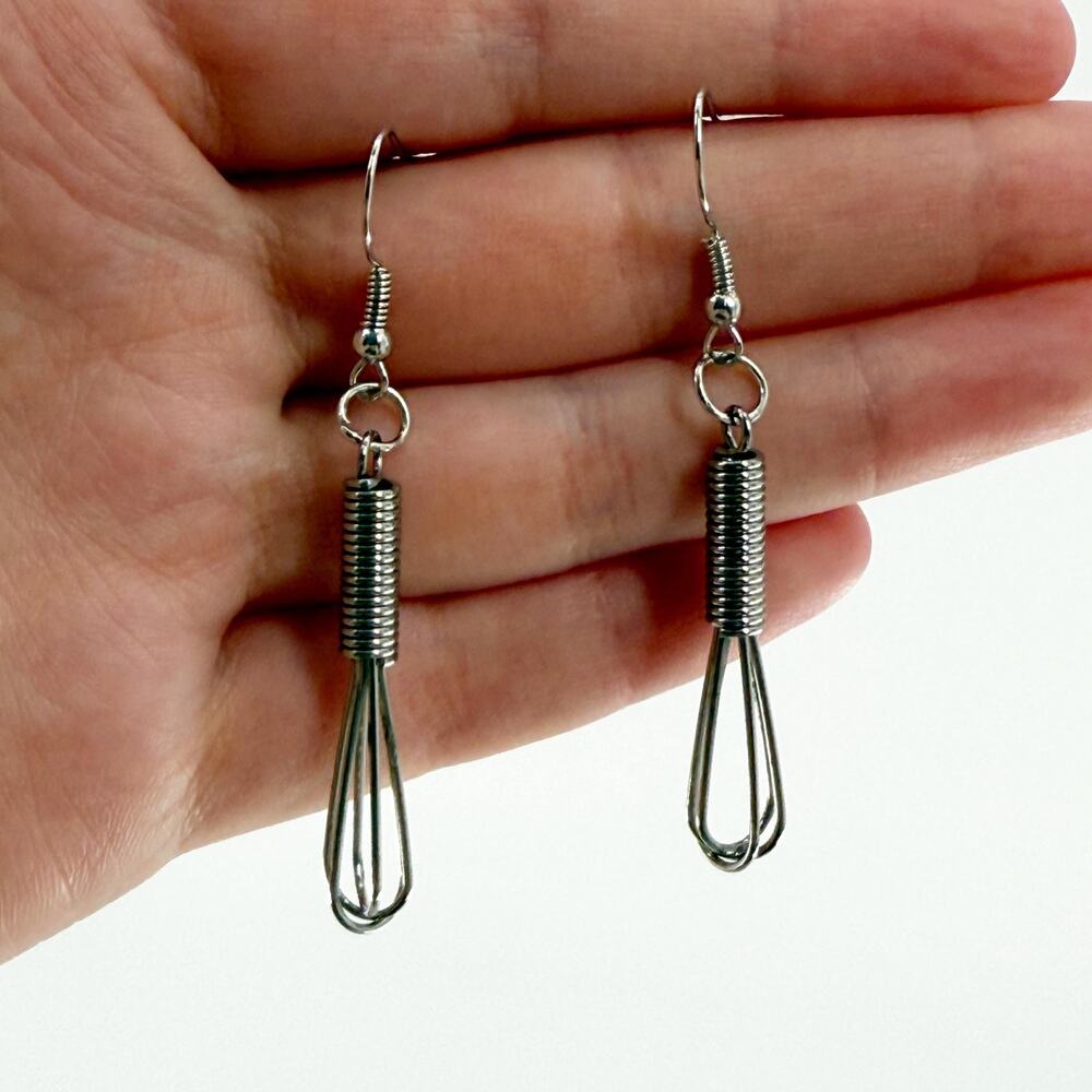 Novelty Wire Chef Whisk Earrings, Fun Handmade Novelty Drop Kitchen Utensils